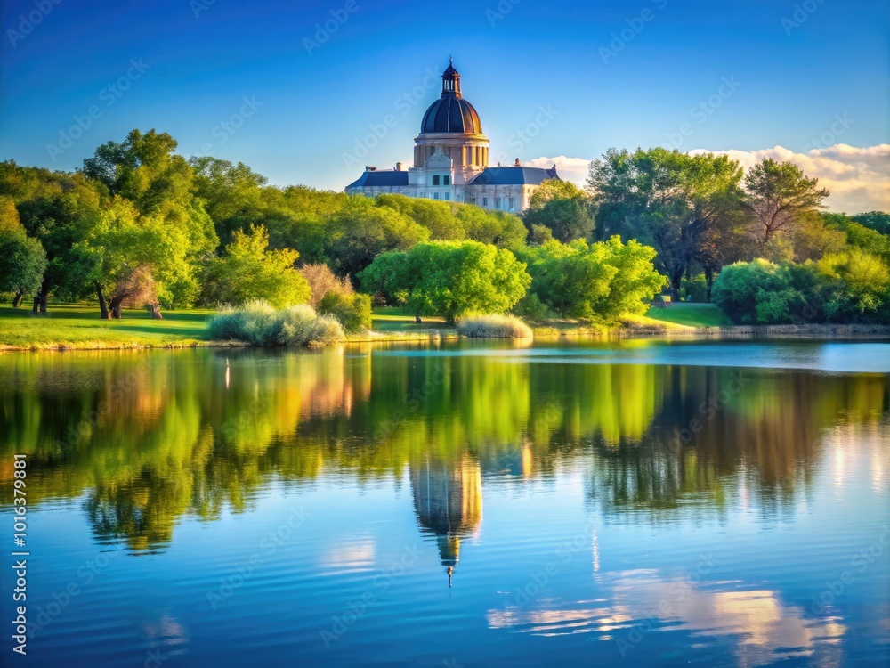 Tranquil Wascana Lake and Forest Park View with Saskatchewan Legislative Building, Regina Tranquil Wascana Lake and Forest Park View with Saskatchewan Legislative Building, Regina