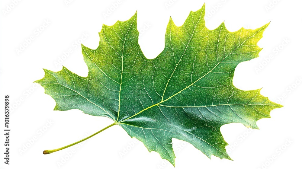 Bright green maple leaf, sharp and crisp edges, isolated on a white background, fresh botanical theme Bright green maple leaf, sharp and crisp edges, isolated on a white background, fresh botanical theme