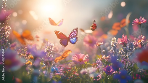 Wallpaper Mural A vibrant wildflower meadow teems with colorful butterflies and soft sunlight, showcasing macro details of iridescent wings and delicate petals in a dreamy summer garden scene. Torontodigital.ca