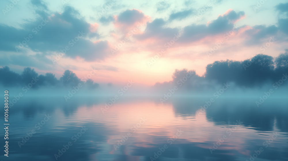 Foggy Sunrise over a Tranquil Lake with Blue and Pink Skies Foggy Sunrise over a Tranquil Lake with Blue and Pink Skies