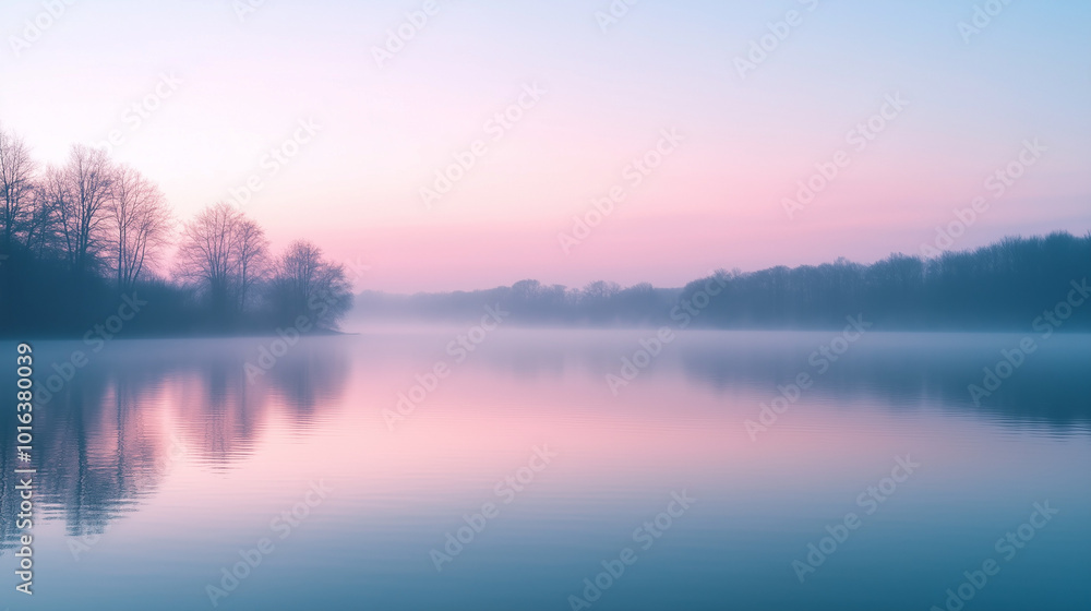 Misty Tree-Lined Lake with Soft Pastel Pink and Blue Sky Reflections at Dawn Misty Tree-Lined Lake with Soft Pastel Pink and Blue Sky Reflections at Dawn