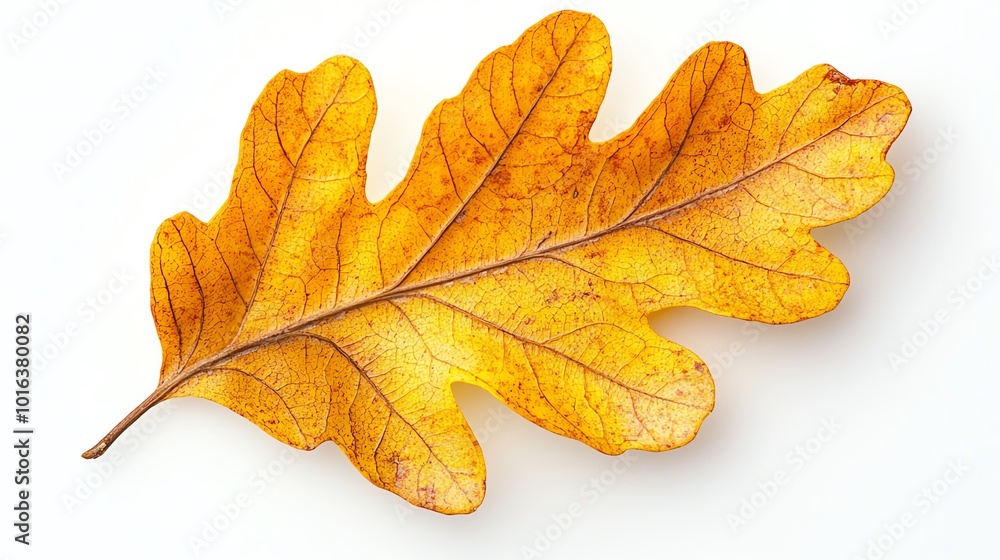 Bright yellow autumn oak leaf with intricate textures, white background, isolated, seasonal nature concept Bright yellow autumn oak leaf with intricate textures, white background, isolated, seasonal nature concept