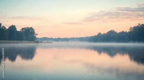 Serene Misty Lake with a Soft Pink and Blue Sunset Reflecting Over Calm Waters