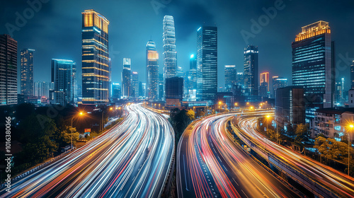 Vibrant Night Cityscape with Illuminated Buildings and Highways Captured in a Dynamic Long-Exposure Shot