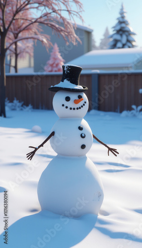Happy snowman with sticks, button eyes and carrot nose standing in snowy forest winter landscape