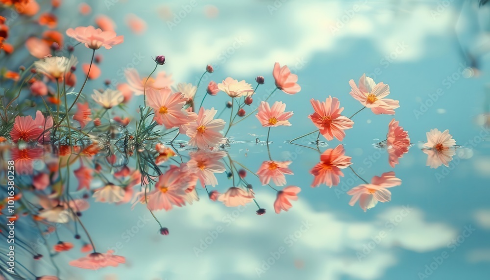 Flowers reflected in still water ponds, lakes, serene and picturesque, Nature, Soft tones, Photograph, Reflective beauty Flowers reflected in still water ponds, lakes, serene and picturesque, Nature, Soft tones, Photograph, Reflective beauty