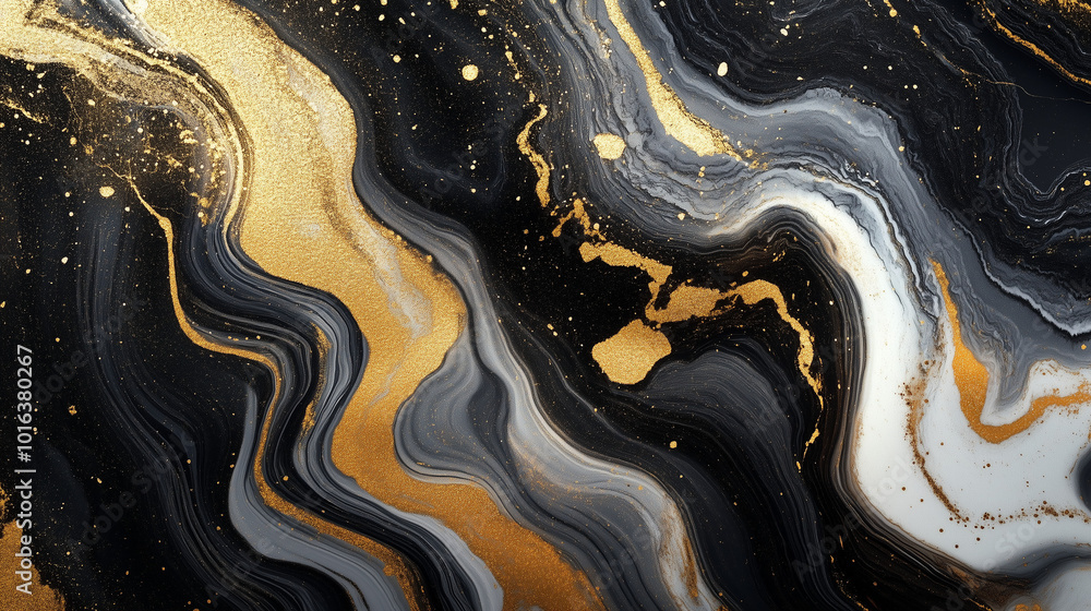 Vibrant Gold and Black Flowing Marble Texture with Dynamic White Waves Vibrant Gold and Black Flowing Marble Texture with Dynamic White Waves