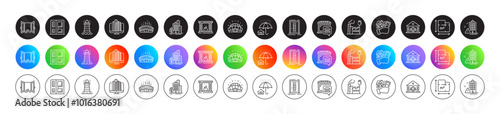 Floor plan, Enterprise and Home insurance line icons. Round icon gradient buttons. Pack of Buying house, Open door, Lighthouse icon. Court building, Building warning, Door pictogram. Vector