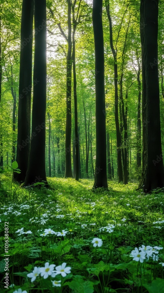 Fototapeta premium Sunlight shines through tall trees, illuminating lush greenery and blooming flowers in a forest