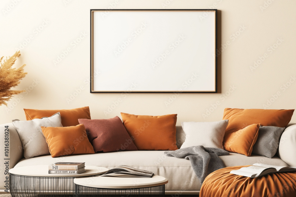 Φωτογραφία Modern living room with beige sofa, orange and gray cushions, framed blank canvas on wall, round coffee tables with books, and decorative dried plants