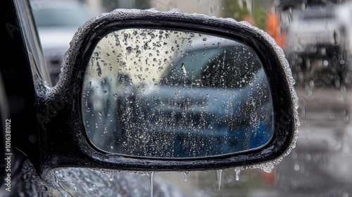 Icy Car Side View Mirror with Rain Drops