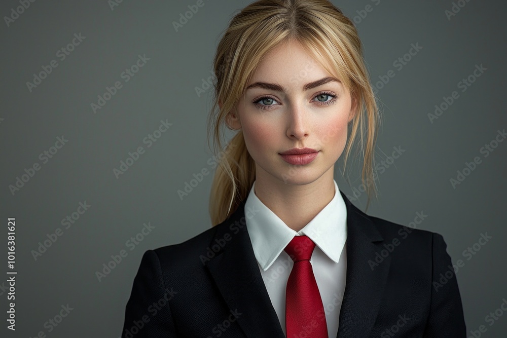 A beautiful woman in a black suit with a red tie, a white shirt, and blonde hair in a ponytail. She has a neutral expression on her face. A beautiful woman in a black suit with a red tie, a white shirt, and blonde hair in a ponytail. She has a neutral expression on her face.