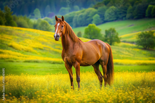 majestic brown horse stands gracefully in vibrant yellow flower field, surrounded by lush greenery and rolling hills, evoking sense of tranquility and beauty