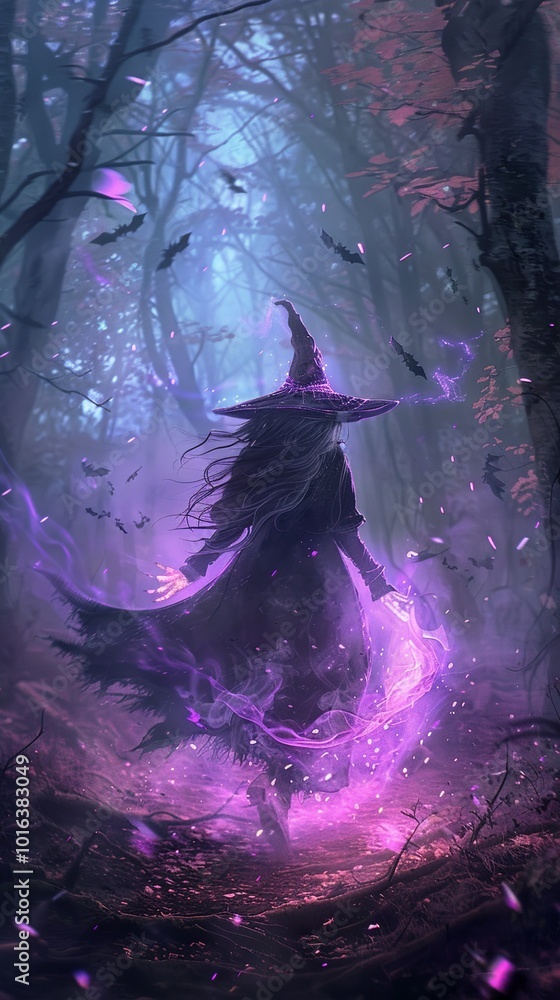 Fototapeta premium A dark fantasy illustration of an evil witch in the woods, casting purple...