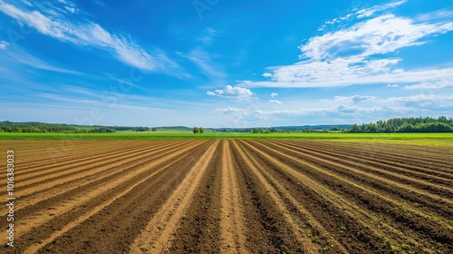 Agricultural field with plowed rows under blue sky