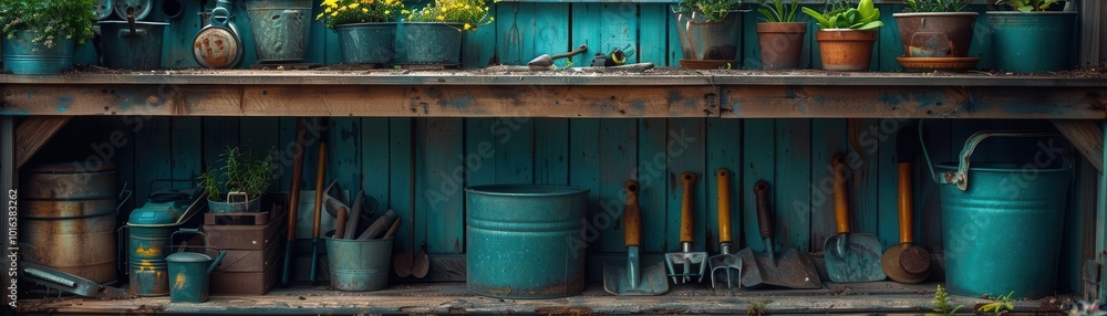 Obraz premium Gardening tools arranged in a rustic shed, green and vibrant, Nature, Soft tones, Photograph, Botanical care