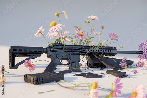 A rifle shattered into pieces, with vibrant flowers growing from the broken parts.