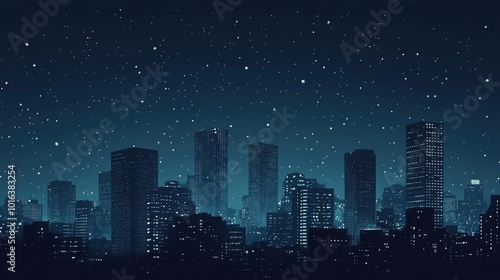 Snowy city skyline at night with illuminated buildings