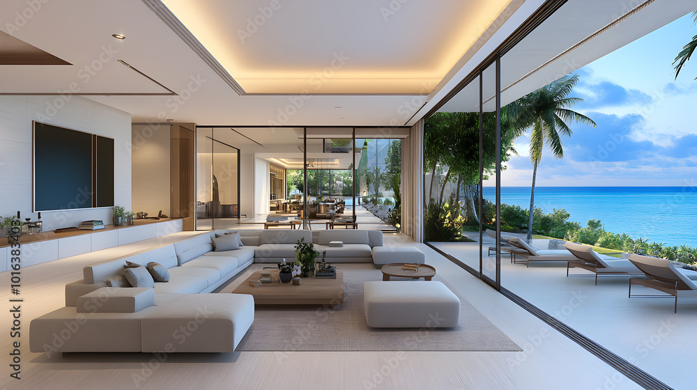 Luxury architecture, ocean front property landscape. Modern living room ...
