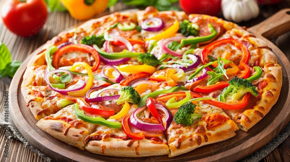 Vegetarian pizza with colorful vegetables, showcasing healthy and delicious options Vegetarian pizza with colorful vegetables, showcasing healthy and delicious options