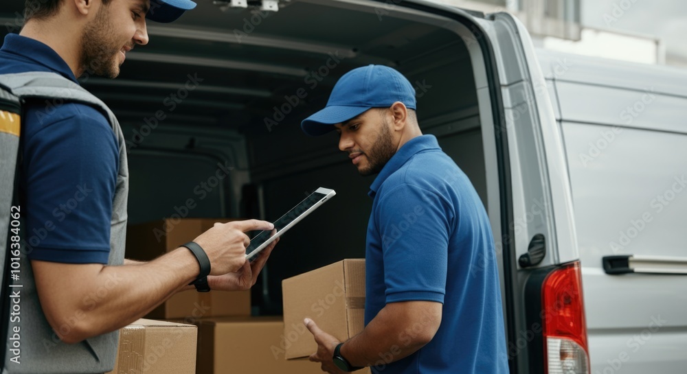 Delivery Workers Handling Packages and Using Digital Tablet for Logistics Delivery Workers Handling Packages and Using Digital Tablet for Logistics