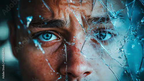 Intense Portrait Behind Shattered Glass