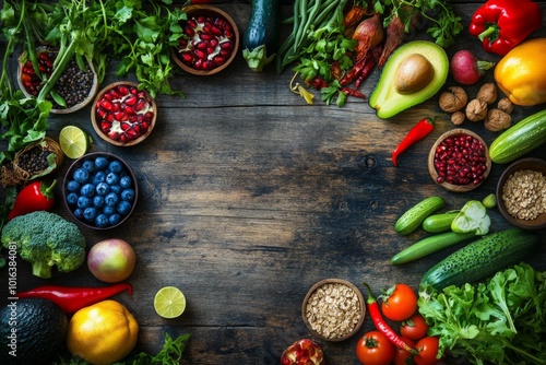 A vibrant array of fresh vegetables and fruits arranged beautifully on a rustic wooden table. Colorful and nutritious choices for healthy living. Generative AI