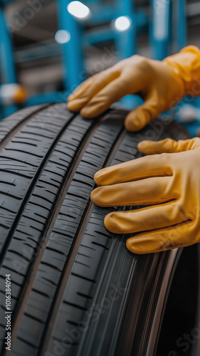 Inspecting a Car Tire in a Workshop