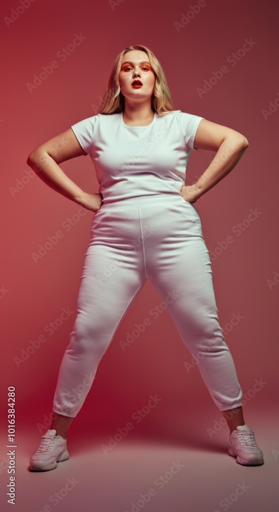 Confident Plus-Size Woman in White Outfit on Red Background Confident Plus-Size Woman in White Outfit on Red Background