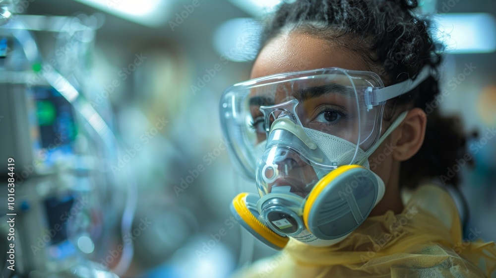 A young healthcare worker in full PPE, including mask and goggles, exudes professionalism and dedication. Background blurred, emphasizing her focus and preparedness A young healthcare worker in full PPE, including mask and goggles, exudes professionalism and dedication. Background blurred, emphasizing her focus and preparedness