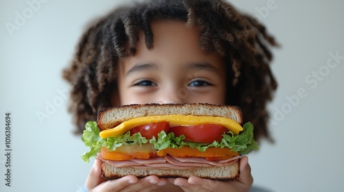 Child enjoying a ham and cheese sandwich with fresh vegetables .National Sandwich Day