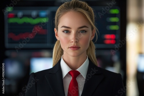 A beautiful woman in a black suit with a red tie, a white shirt, and blonde hair in a ponytail. She has a neutral expression. With a financial chart in the background