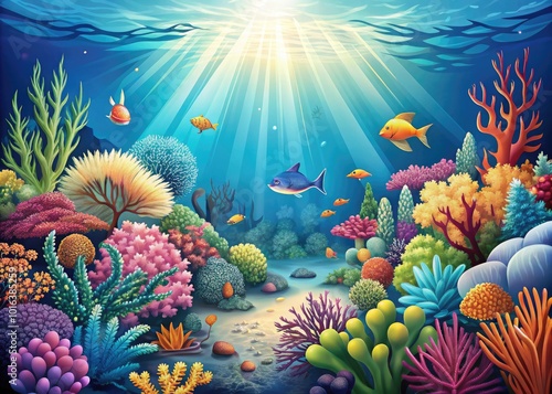 Vector Illustration of Vibrant Sea Life and Coral on Seabed Background for Marine Conservation Projects photo