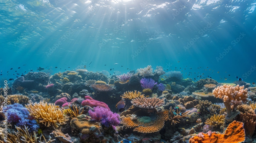 Fototapeta premium Vibrant coral reef teeming with marine life, showcasing the diversity of underwater ecosystems