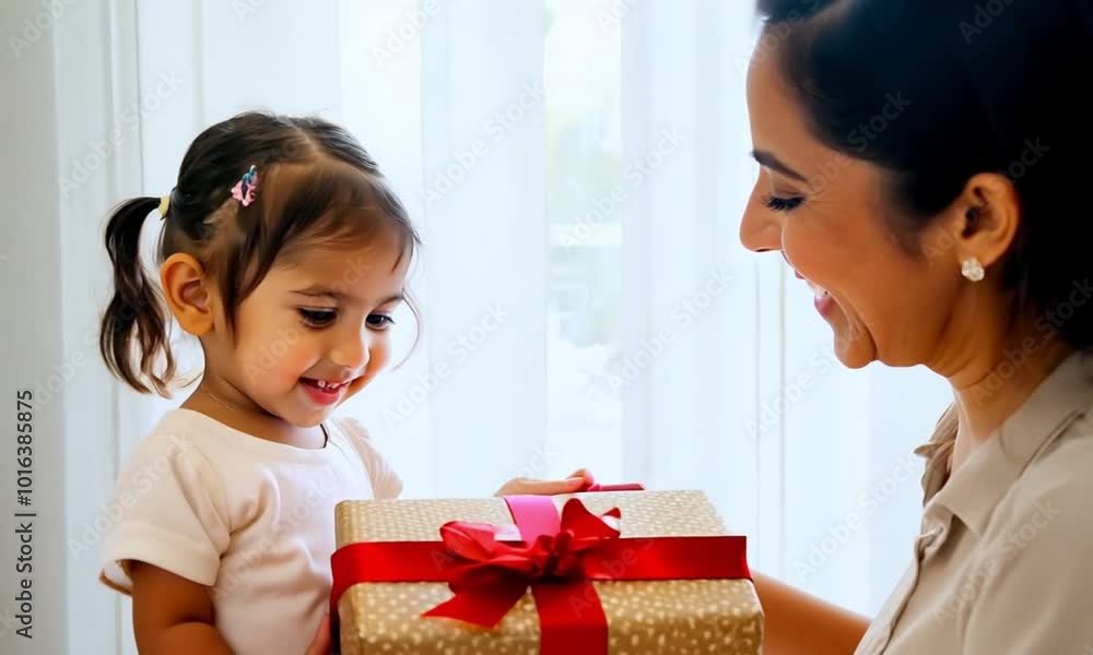 Smiling young Latin mom give wrapped gift box to excited small biracial daughter congratulate with birthday. Happy loving Hispanic mother make surprise present to overjoyed ethnic girl child at home Smiling young Latin mom give wrapped gift box to excited small biracial daughter congratulate with birthday. Happy loving Hispanic mother make surprise present to overjoyed ethnic girl child at home