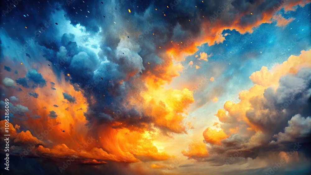 Fototapeta premium painting of stormy sky with orange and blue splatters, high angle view