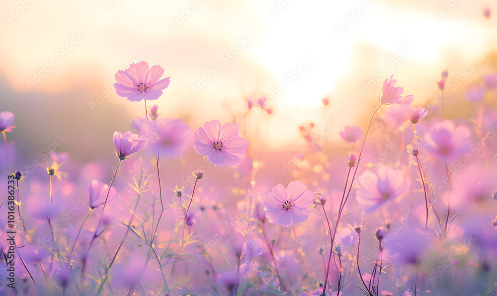 Naklejka premium Dreamlike Landscapes and Mystical Gardens with Vibrant Flowers and Glowing Nature
