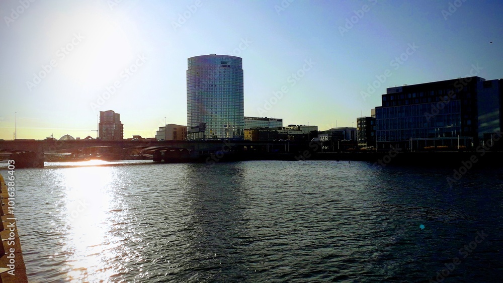 Belfast titanic quarter quay cityscape at sunset, Northern Ireland, UK Belfast titanic quarter quay cityscape at sunset, Northern Ireland, UK