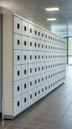 Wallpaper Mural A row of white lockers with sleek black handles is set against a blurred background, highlighting a contemporary office space designed with minimalism and simplicity. Torontodigital.ca