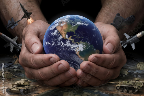 A pair of hands gently hold a small Earth, encircled by military equipment, symbolizing the tension between war and peace.