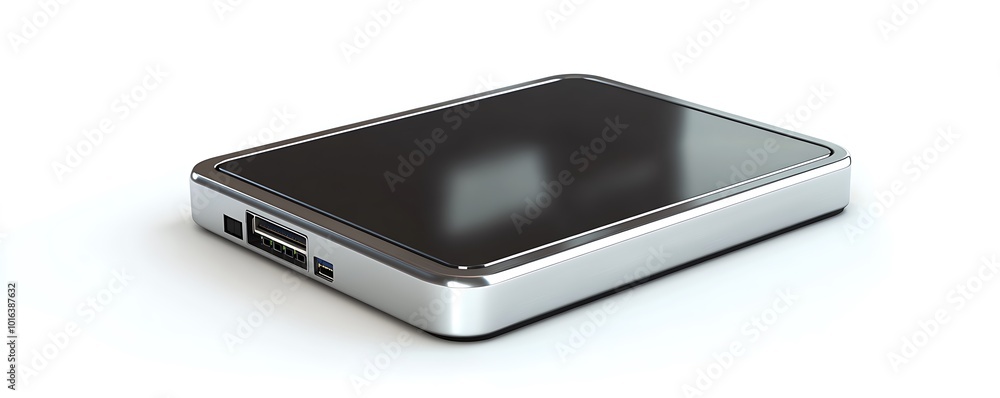 A portable external hard drive with a sleek metal casing, isolated on a white background. A portable external hard drive with a sleek metal casing, isolated on a white background.