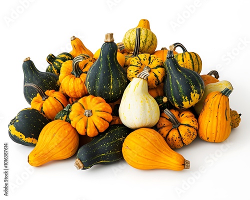 A pile of multicolored decorative gourds and small pumpkins arranged neatly on a white background, symbolizing Thanksgiving.