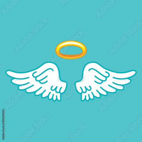 Illustration of angel wings with a golden nimbus halo against a turquoise background, symbolizing purity and spirituality