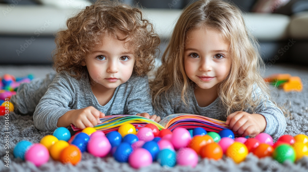 Two young children are engaged in play on a plush carpet, surrounded by vibrant plastic balls, enjoying a fun afternoon indoors Two young children are engaged in play on a plush carpet, surrounded by vibrant plastic balls, enjoying a fun afternoon indoors