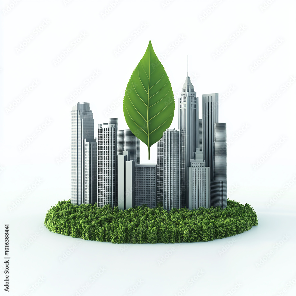 eco city icon, 3D illustration of a business cityscape with a leaf growing in the center, ESG urban planning, isolated on white background eco city icon, 3D illustration of a business cityscape with a leaf growing in the center, ESG urban planning, isolated on white background
