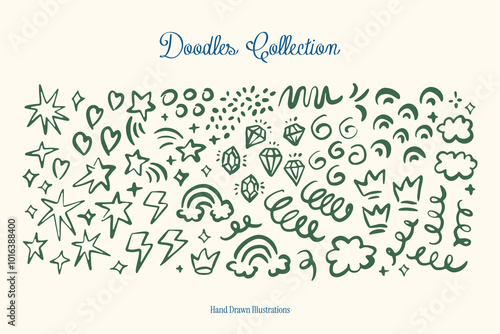 Hand drawn vector doodles collection. Decorative elements. Hand drawn set of speech bubbles, arrows, clouds and doodle elements. Matisse style doodles.