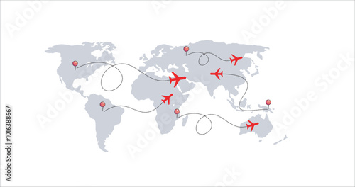 air line on world map, Traveling Around the World Air Transportation Concept, Travel by Airplane World Map and Earth Globe Design with Plane Flying Intercontinental Routes to Various Destinations blue