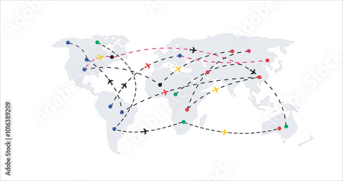air line on world map, Traveling Around the World Air Transportation Concept, Travel by Airplane World Map and Earth Globe Design with Plane Flying Intercontinental Routes to Various Destinations blue