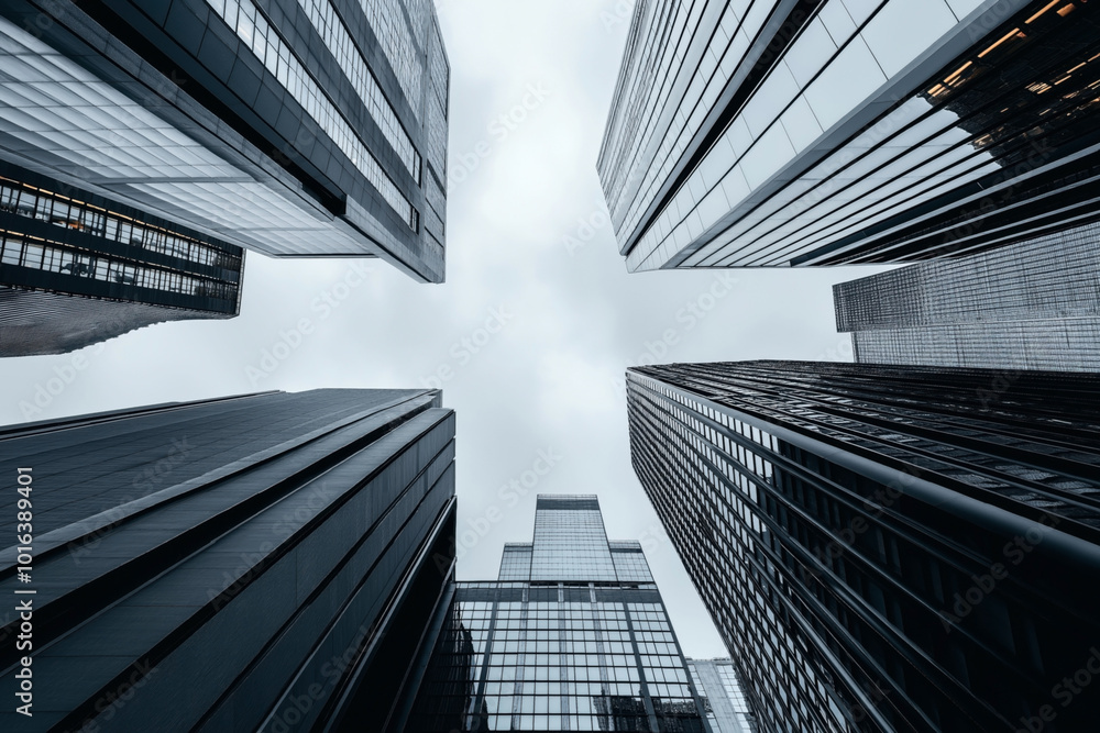 Fototapeta premium Low-angle view of tall modern skyscrapers with reflective glass windows in a cityscape, converging towards a cloudy sky.