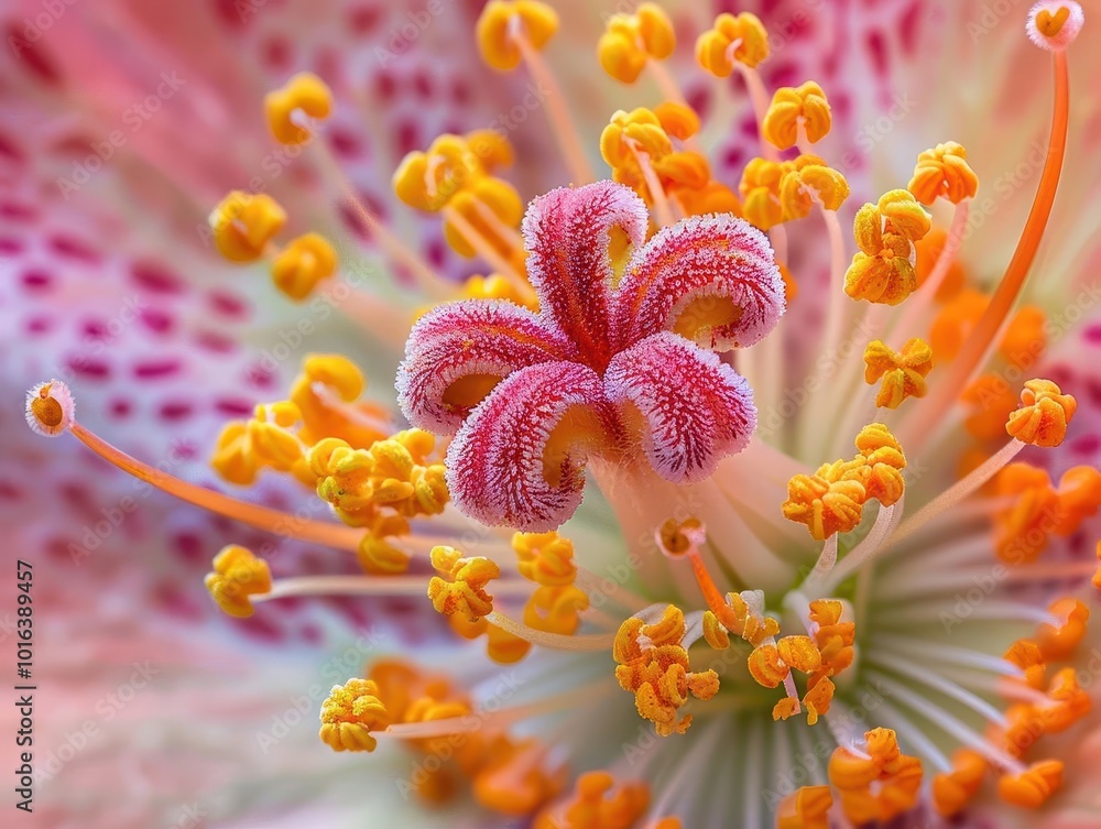 Fototapeta premium Macro photography of flower stamens and pistils, detailed and vibrant, Nature, Bright hues, Photograph, Floral intricacy